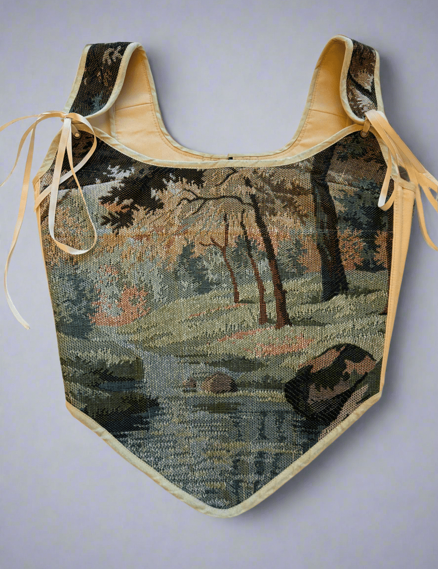 Lace - up Vintage Tapestry Corset Top, "River Scene” Pattern - Stashe