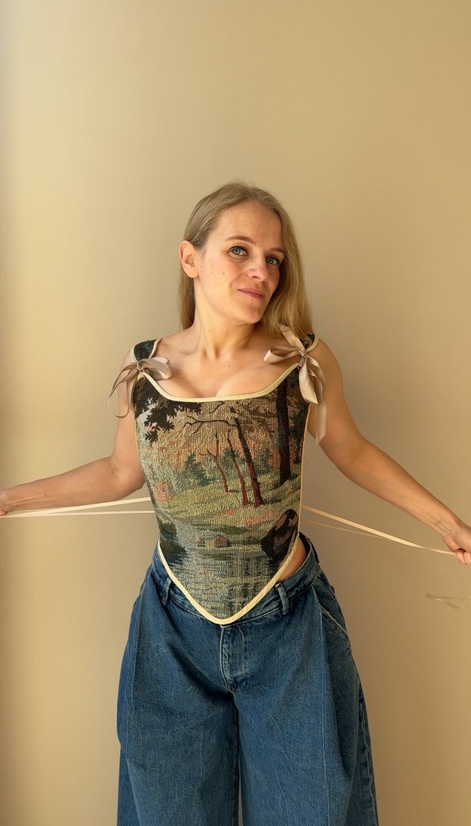Lace - up Vintage Tapestry Corset Top, "River Scene” Pattern - Stashe