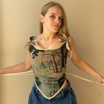 Lace - up Vintage Tapestry Corset Top, "River Scene” Pattern - Stashe