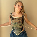 Lace - up Vintage Tapestry Corset Top, "River Scene” Pattern - Stashe