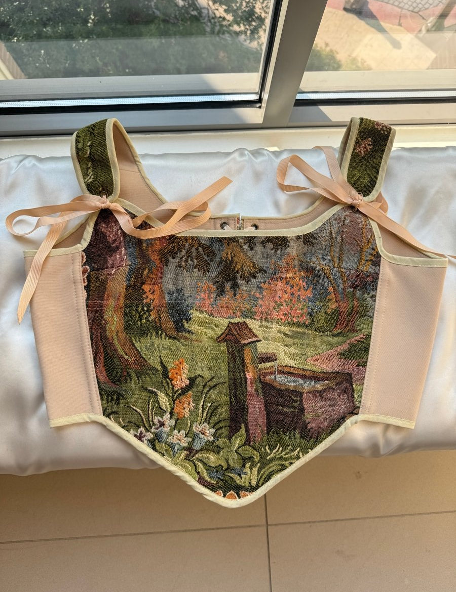 Lace - up Vintage Tapestry Corset Top, "Scenic Well in the Woods” Pattern - Stashe