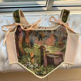Lace - up Vintage Tapestry Corset Top, "Scenic Well in the Woods” Pattern - Stashe