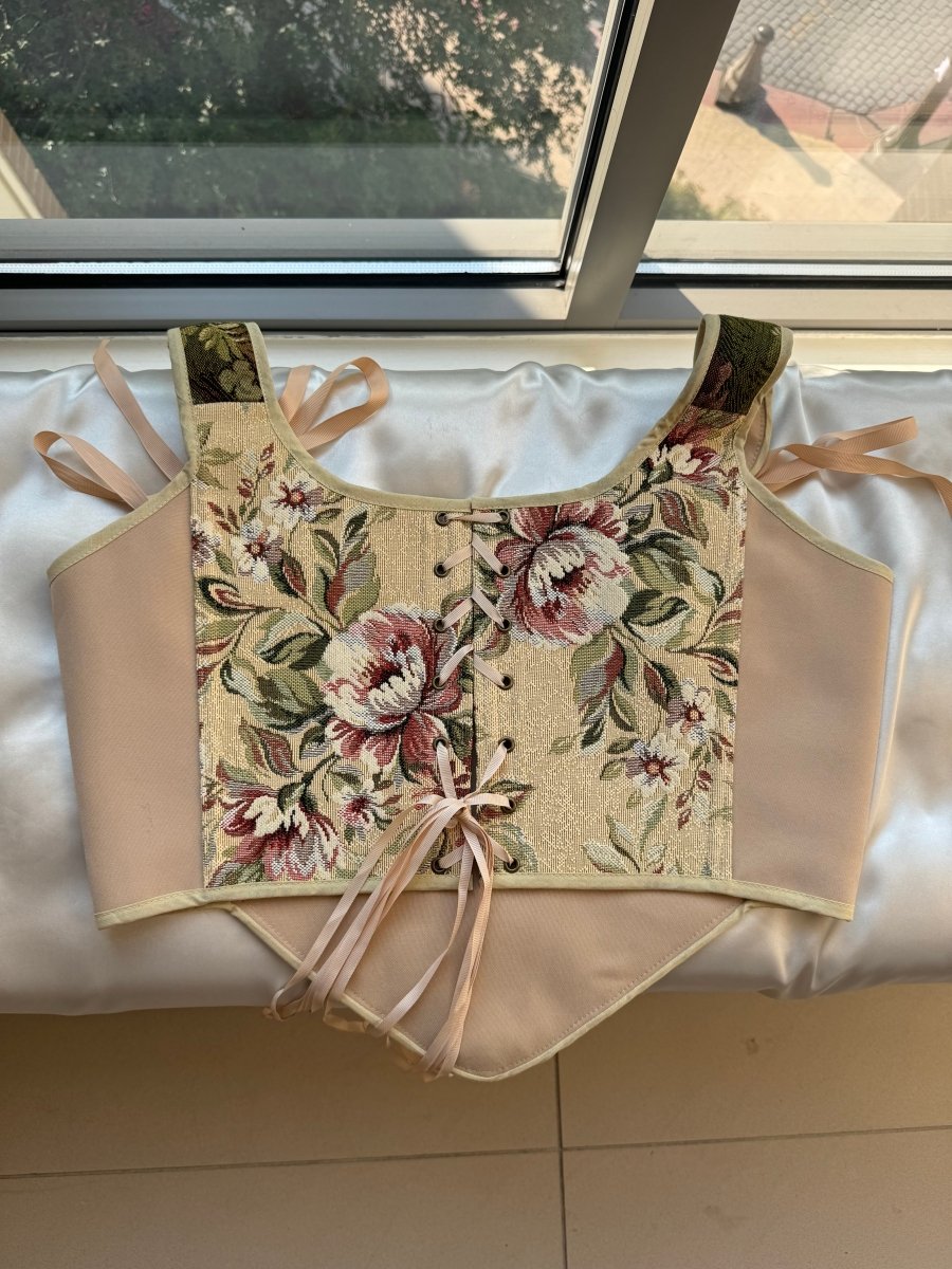 Lace - up Vintage Tapestry Corset Top, "Scenic Well in the Woods” Pattern - Stashe