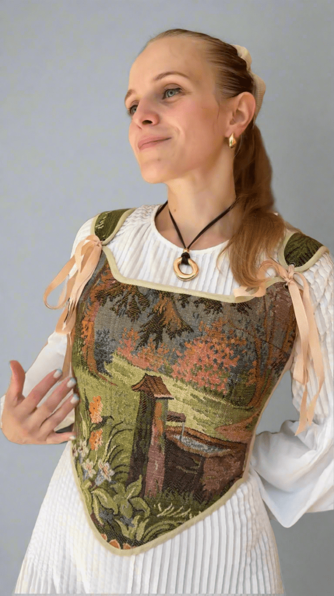 Lace - up Vintage Tapestry Corset Top, "Scenic Well in the Woods” Pattern - Stashe