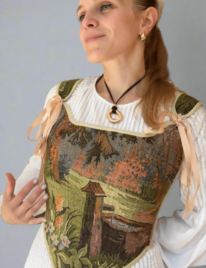 Lace - up Vintage Tapestry Corset Top, "Scenic Well in the Woods” Pattern - Stashe