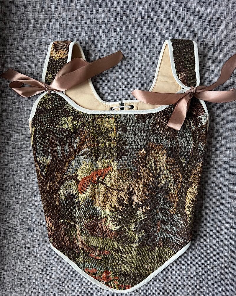 Lace - up Vintage Tapestry Corset Top, "Squirrel” Pattern - Stashe
