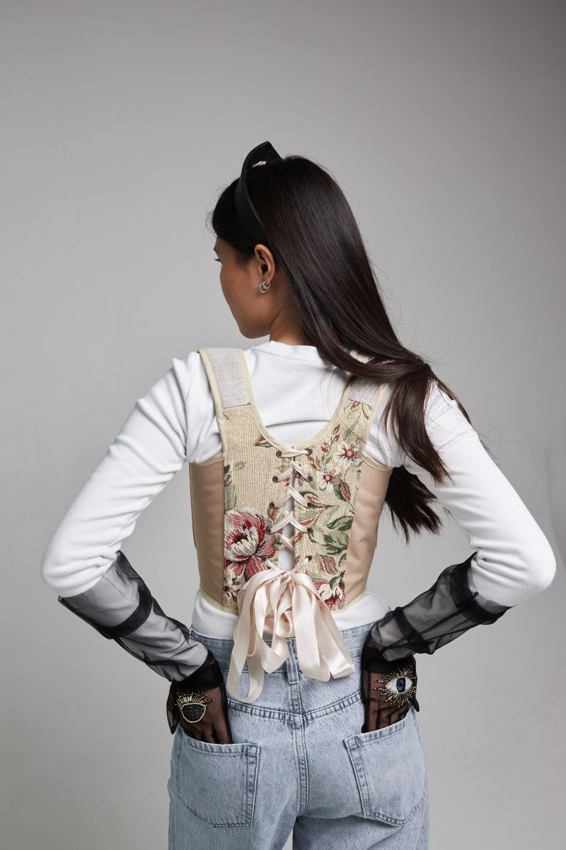Lace - up Vintage Tapestry Corset Top, "Stag Majesty” Pattern - Stashe