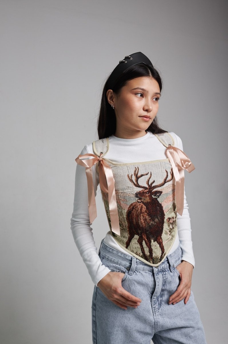 Lace - up Vintage Tapestry Corset Top, "Stag Majesty” Pattern - Stashe