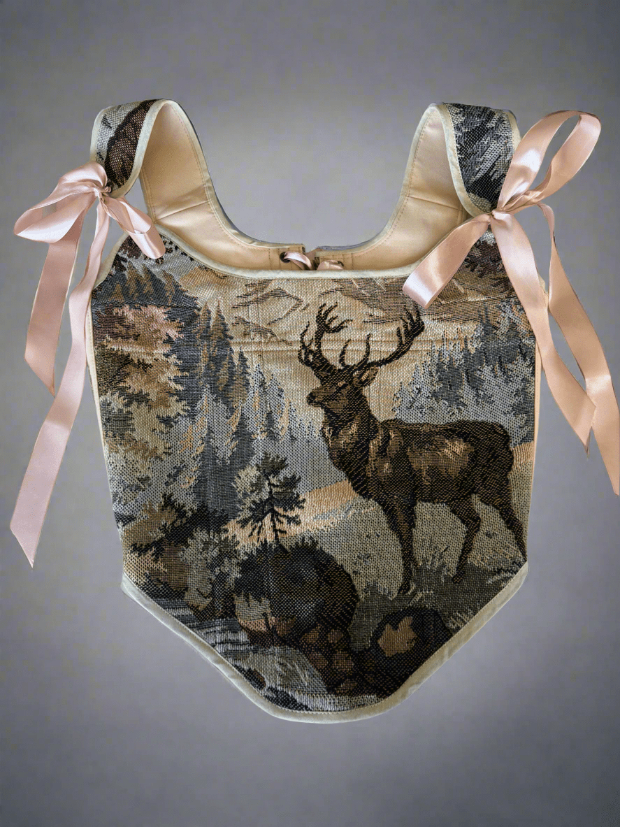 Lace - up Vintage Tapestry Corset Top, "Stag” Pattern - Stashe