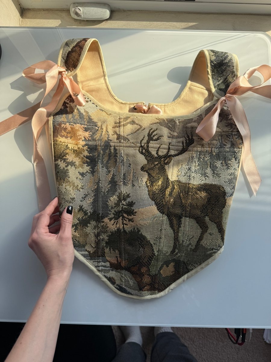 Lace - up Vintage Tapestry Corset Top, "Stag” Pattern - Stashe