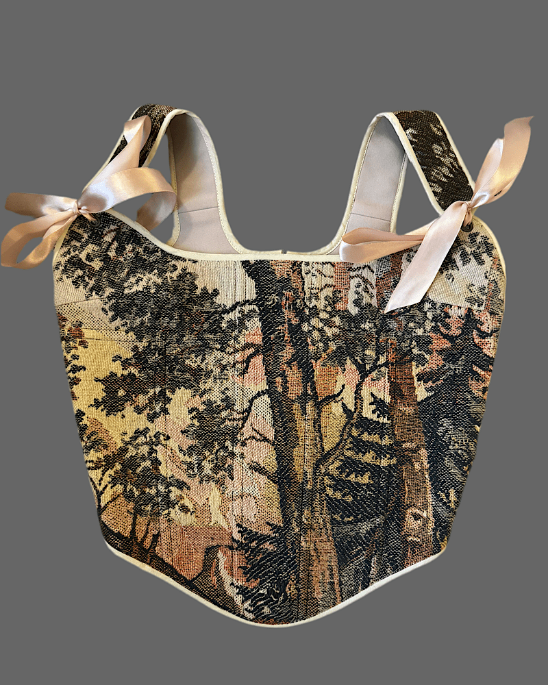 Lace - up Vintage Tapestry Corset Top, "Sunrise Forest” Pattern - Stashe