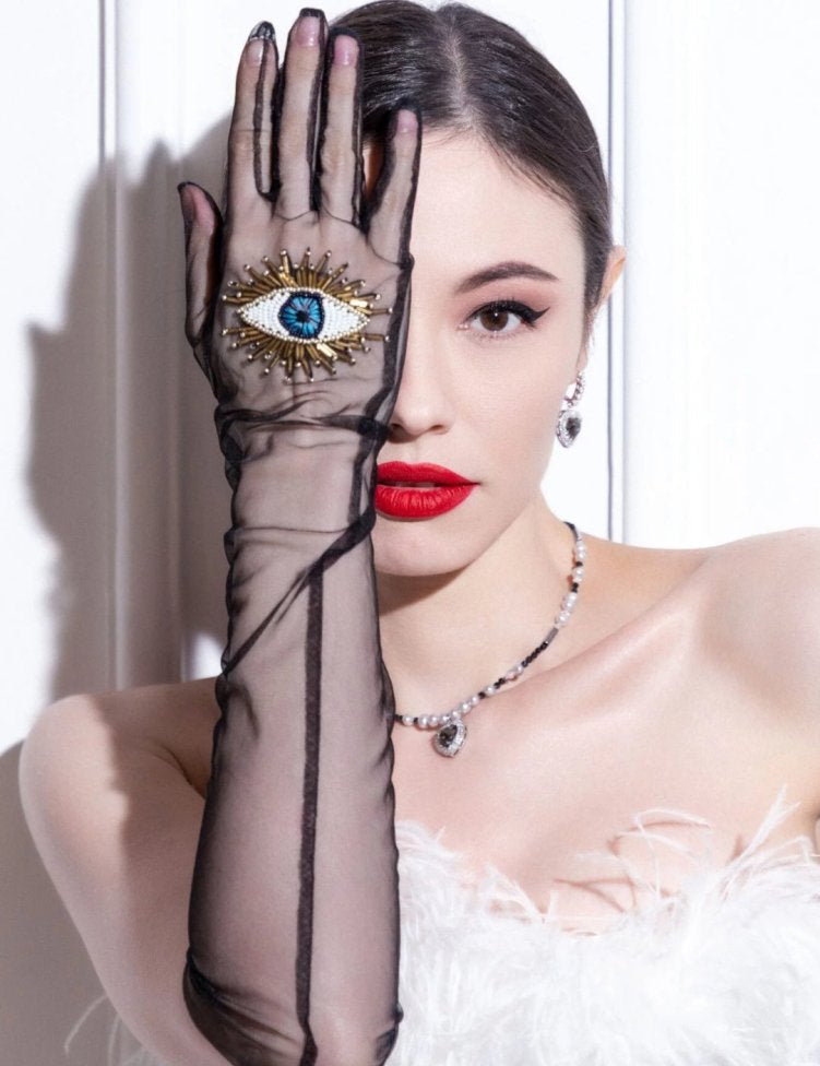 Long Gloves, "Eyes” in Black - Stashe