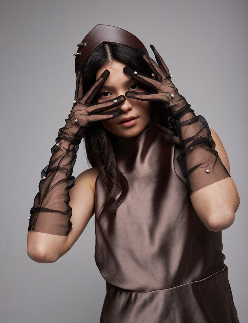 Long Gloves, “Pearls” in Black - Stashe