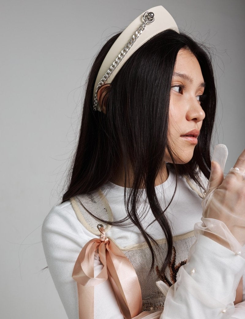 Pointed Tiara Headband with Massive Chain, Ivory - Stashe
