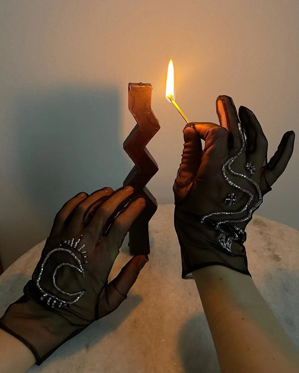 Short Gloves, "Moon & Snake" in Black - Stashe