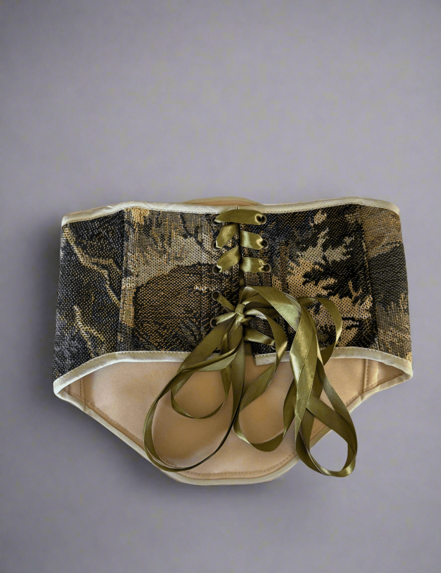 Vintage Tapestry Back Lace - up Corset Belt, "Forest Scene” pattern - Stashe