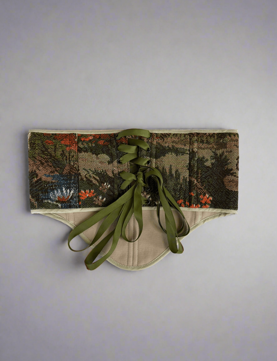 Vintage Tapestry Back Lace - up Corset Belt, "Hidden Temple” pattern - Stashe