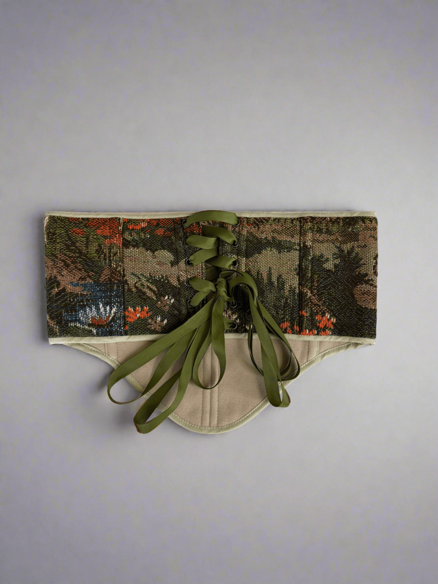 Vintage Tapestry Back Lace - up Corset Belt, "Hidden Temple” pattern - Stashe