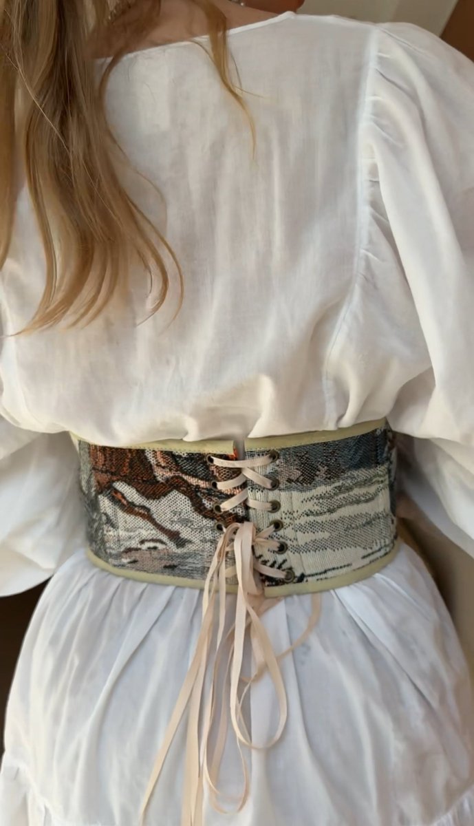 Vintage Tapestry Back Lace - up Corset Belt, "Winter Forest” Pattern - Stashe