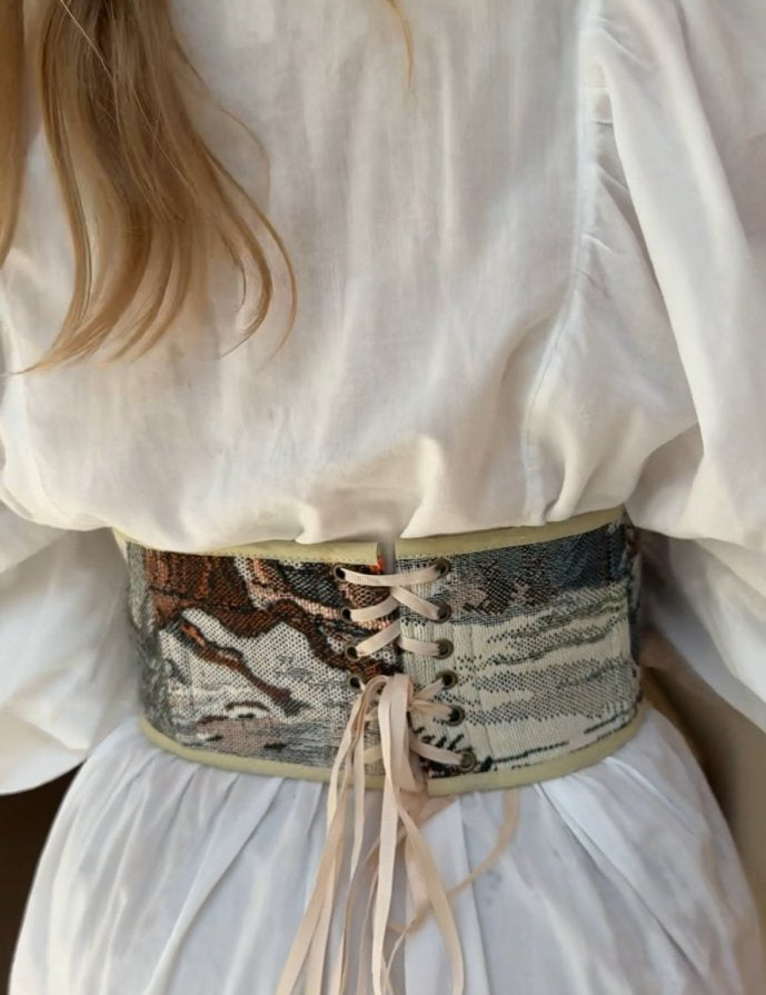 Vintage Tapestry Back Lace - up Corset Belt, "Winter Forest” Pattern - Stashe