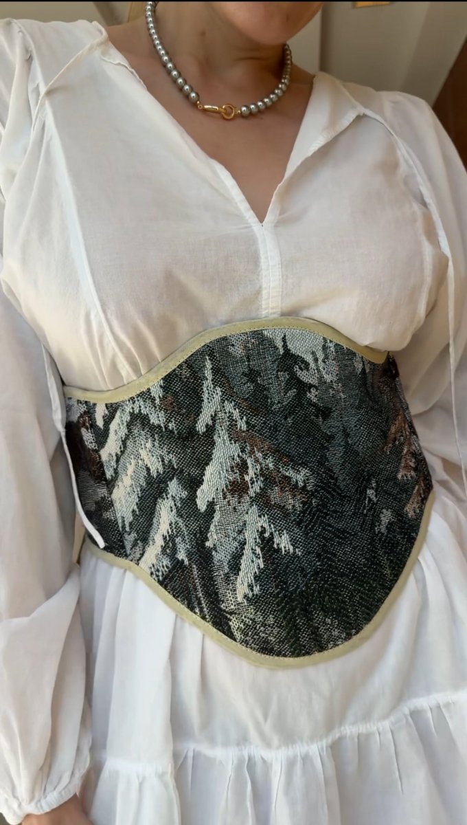 Vintage Tapestry Back Lace - up Corset Belt, "Winter Forest” Pattern - Stashe