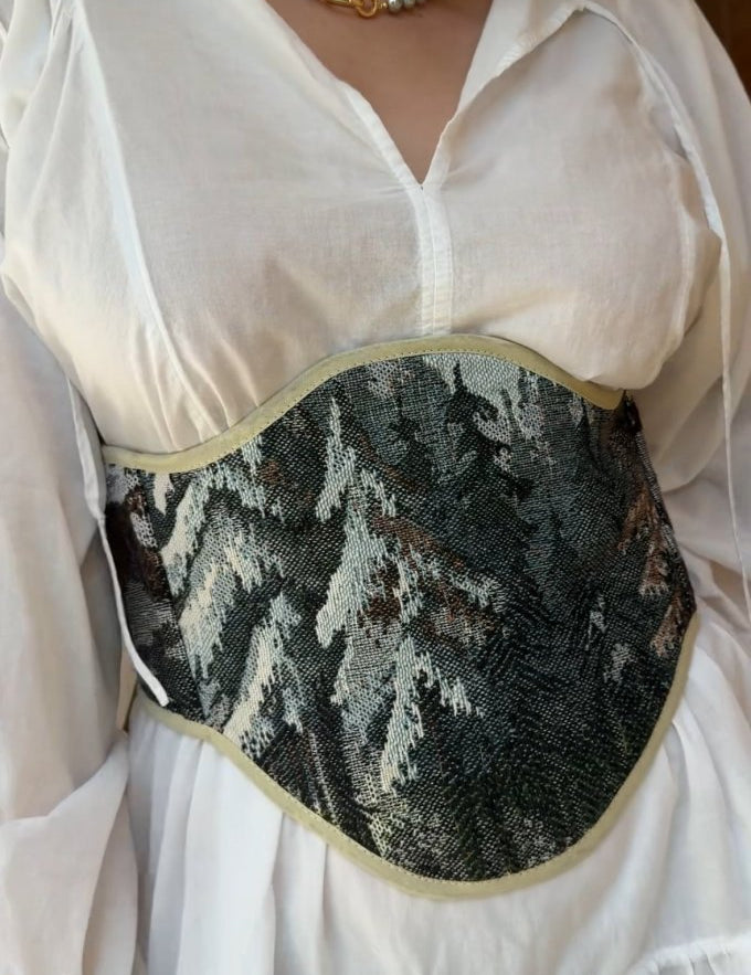 Vintage Tapestry Back Lace - up Corset Belt, "Winter Forest” Pattern - Stashe