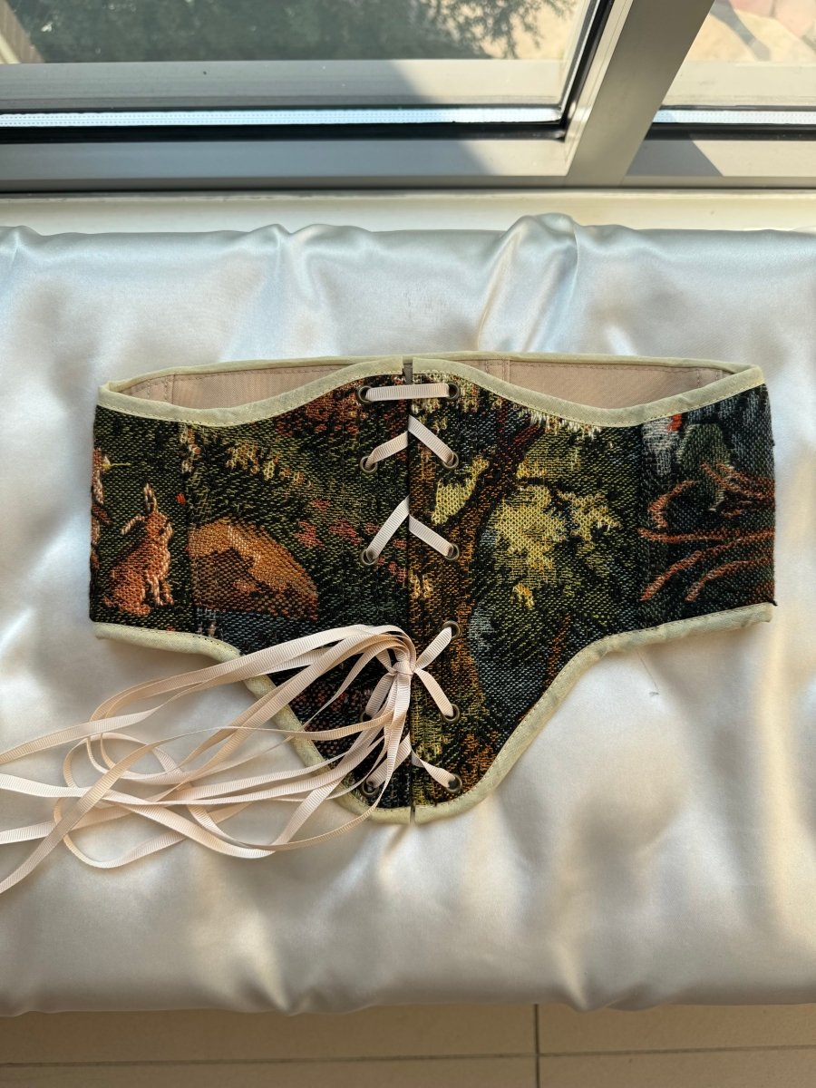 Vintage Tapestry Front Lace - up Corset Belt, “Forest Hares” pattern - Stashe