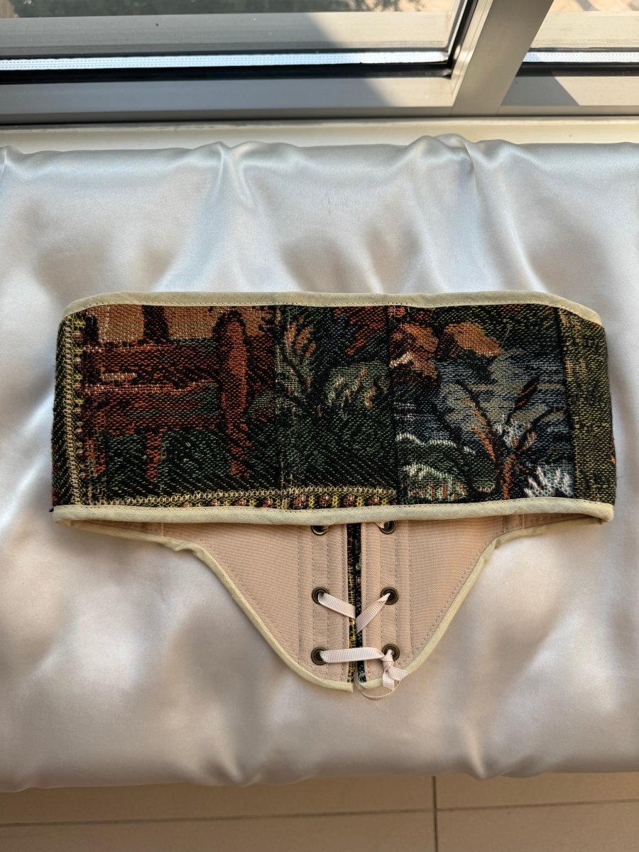Vintage Tapestry Front Lace - up Corset Belt, “Forest Hares” pattern - Stashe