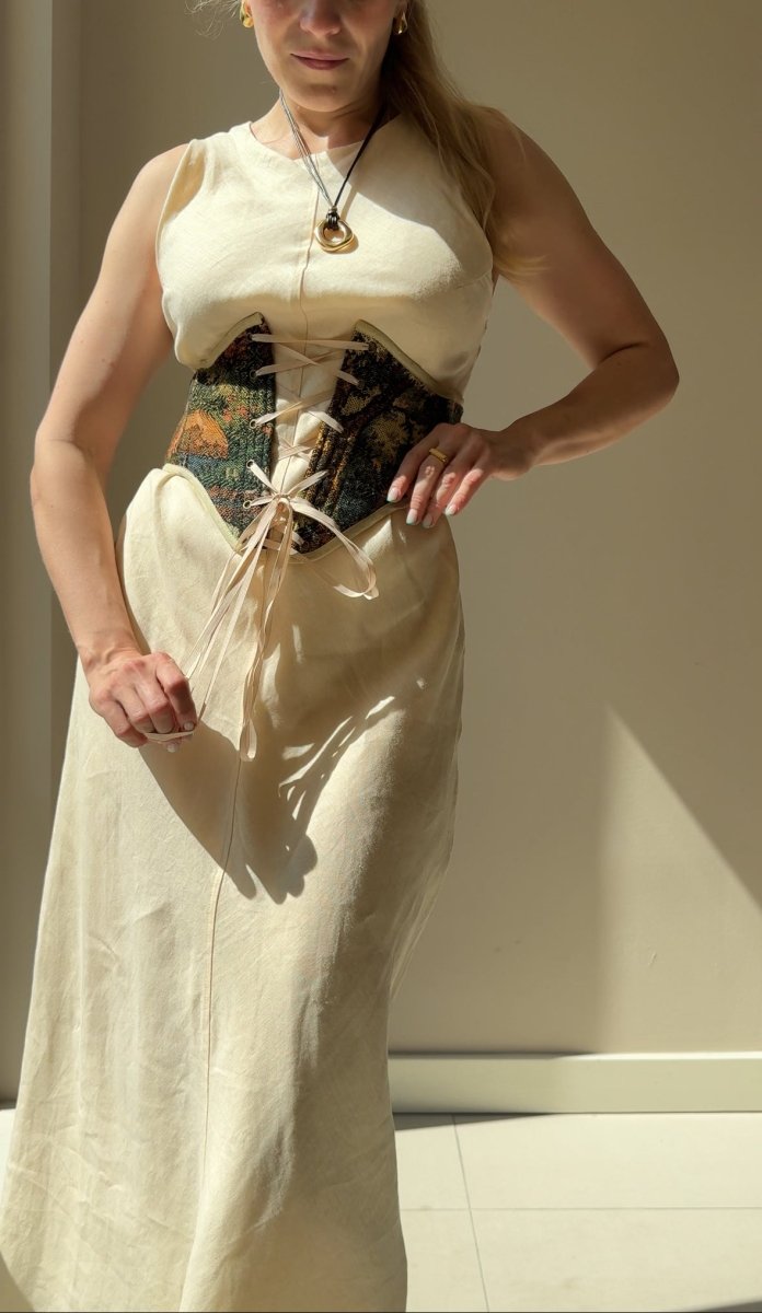 Vintage Tapestry Front Lace - up Corset Belt, “Forest Hares” pattern - Stashe