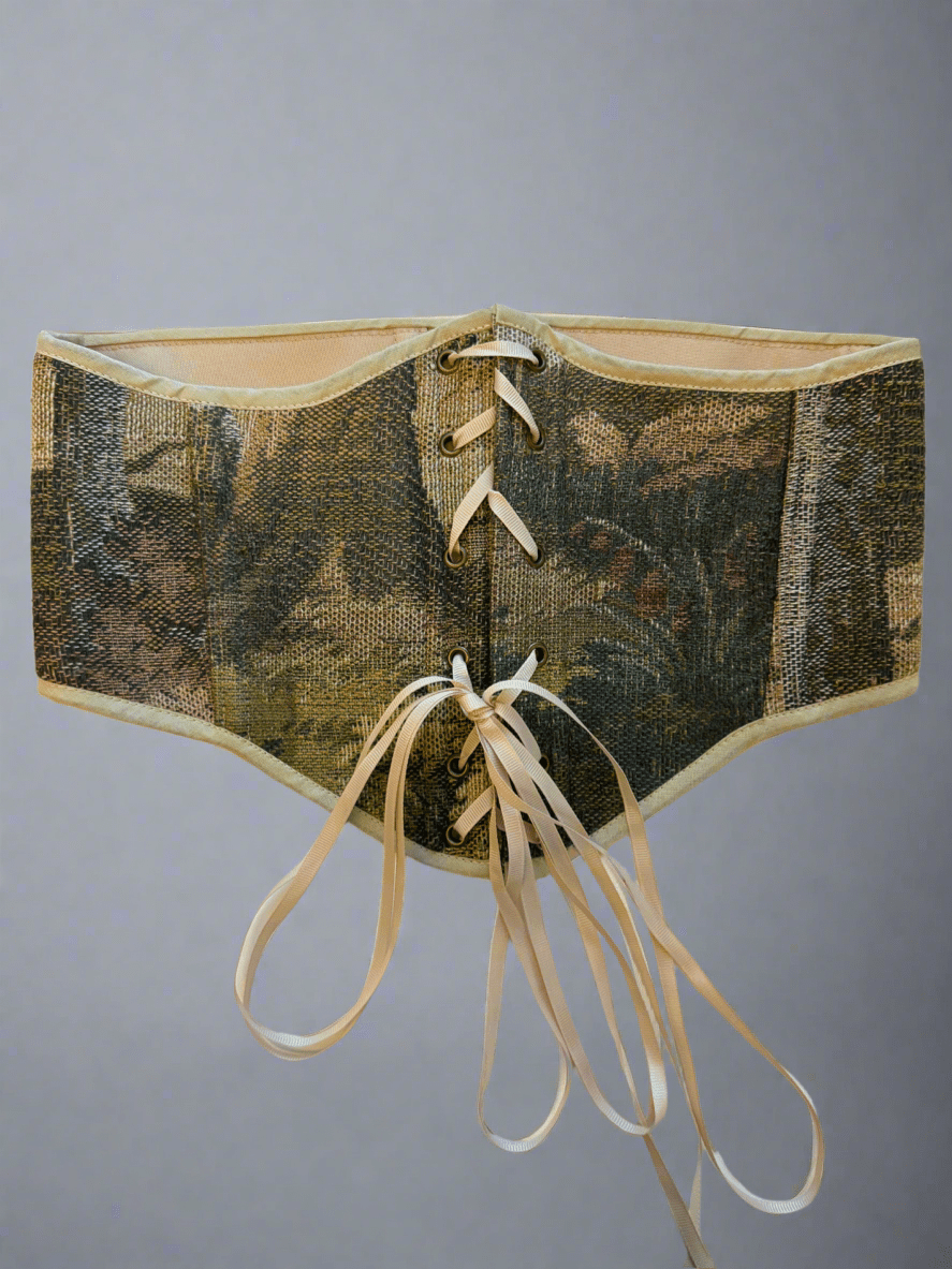 Vintage Tapestry Front Lace - up Corset Belt, “Mossy Vale” pattern - Stashe
