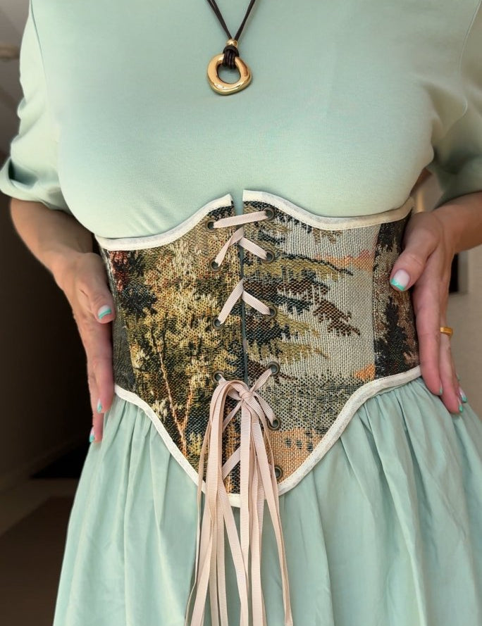 Vintage Tapestry Front Lace - up Corset Belt, "Sunlight in Wilderness” Pattern - Stashe
