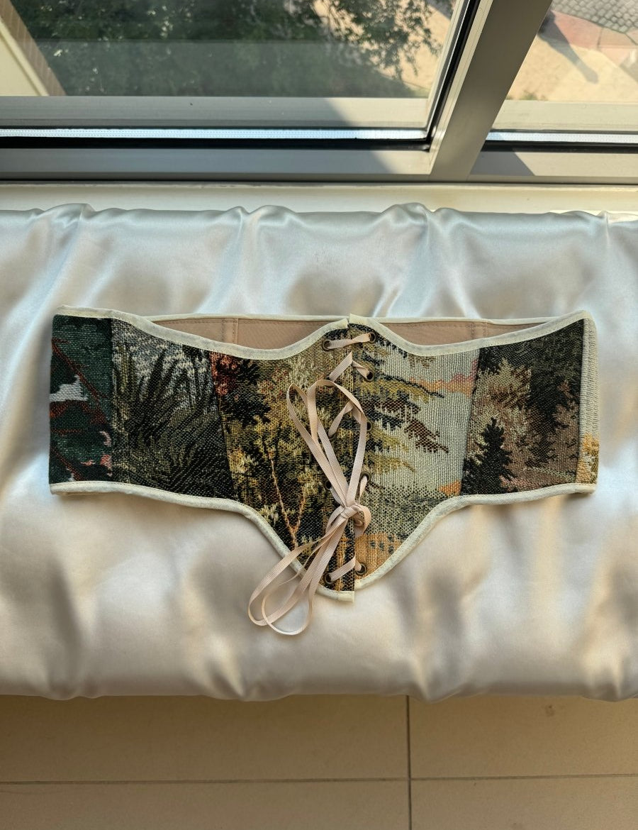 Vintage Tapestry Front Lace - up Corset Belt, "Sunlight in Wilderness” Pattern - Stashe