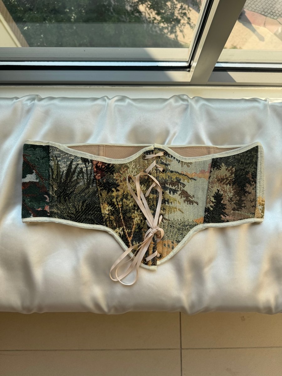 Vintage Tapestry Front Lace - up Corset Belt, "Sunlight in Wilderness” Pattern - Stashe