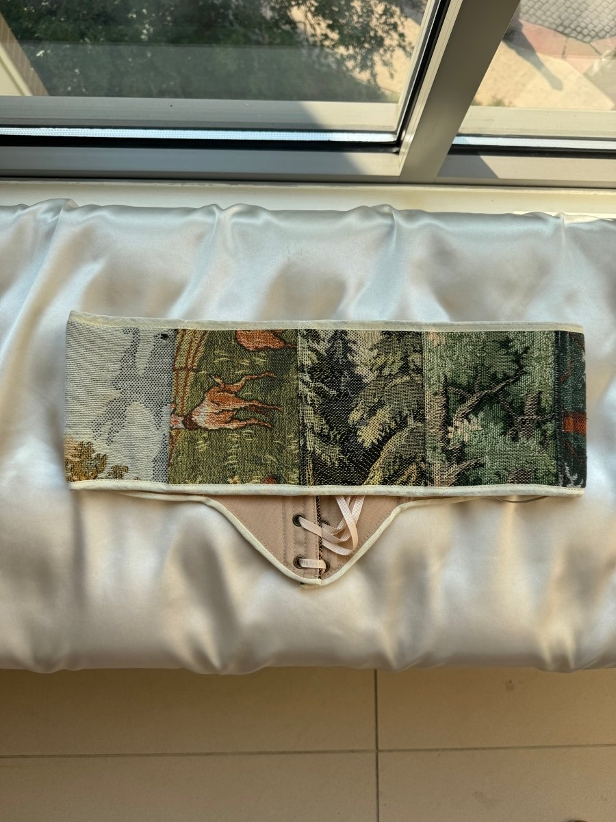 Vintage Tapestry Front Lace - up Corset Belt, "Sunlight in Wilderness” Pattern - Stashe