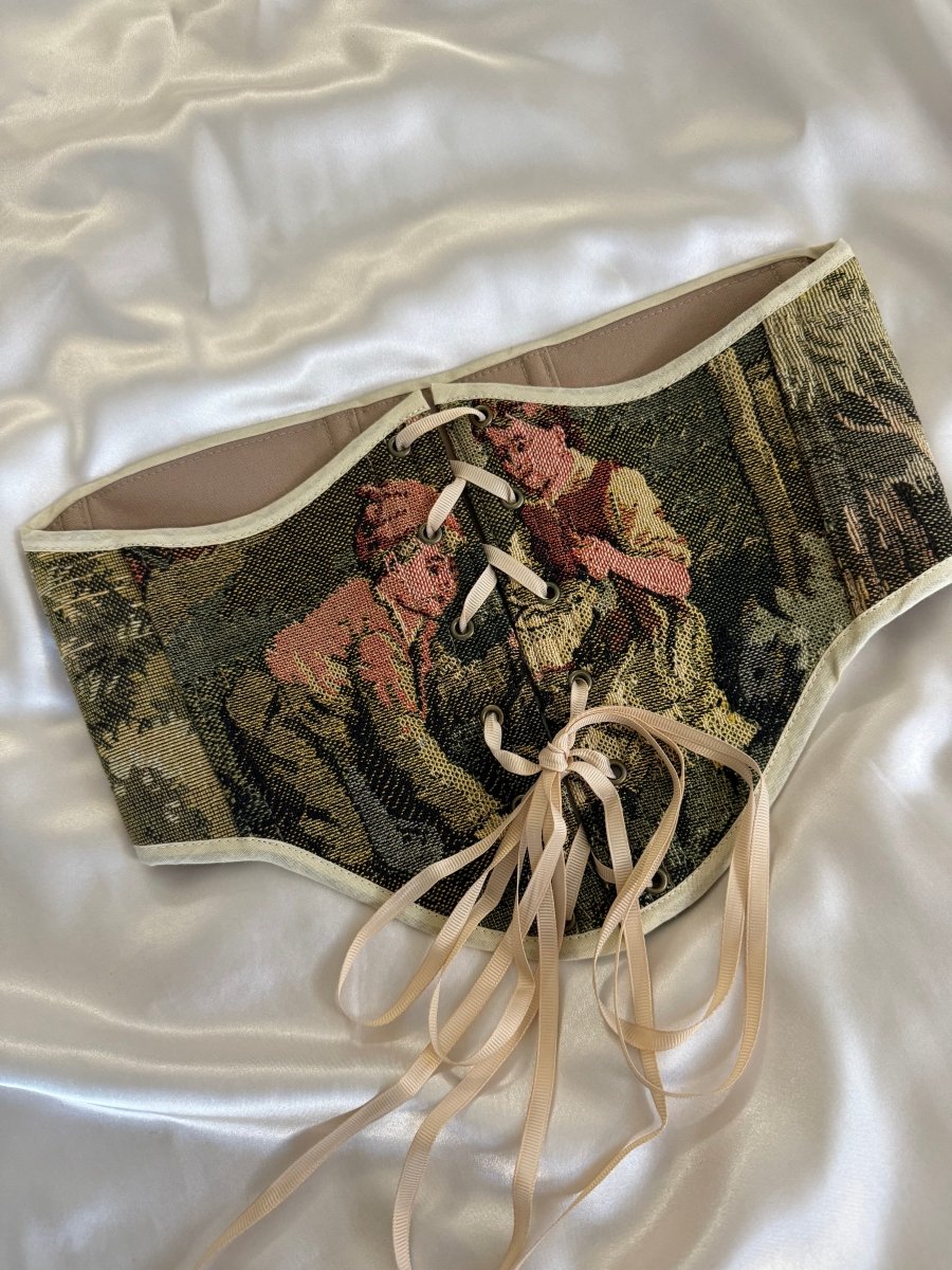 Vintage Tapestry Lace - up Corset Belt, “Girl and Boy on a Lawn” pattern - Stashe