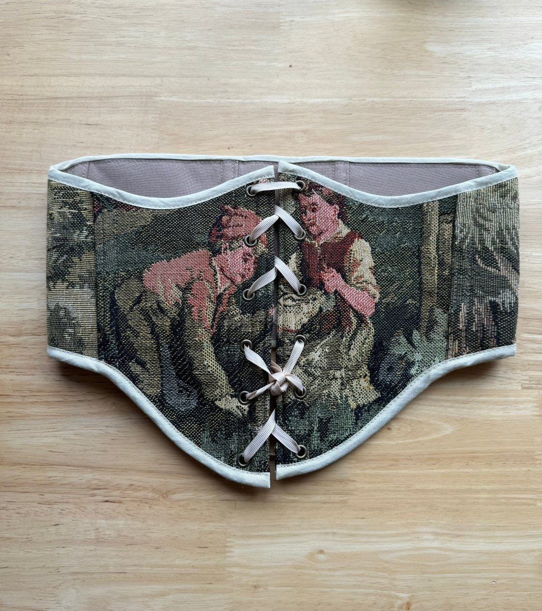 Vintage Tapestry Lace - up Corset Belt, “Girl and Boy on a Lawn” pattern - Stashe