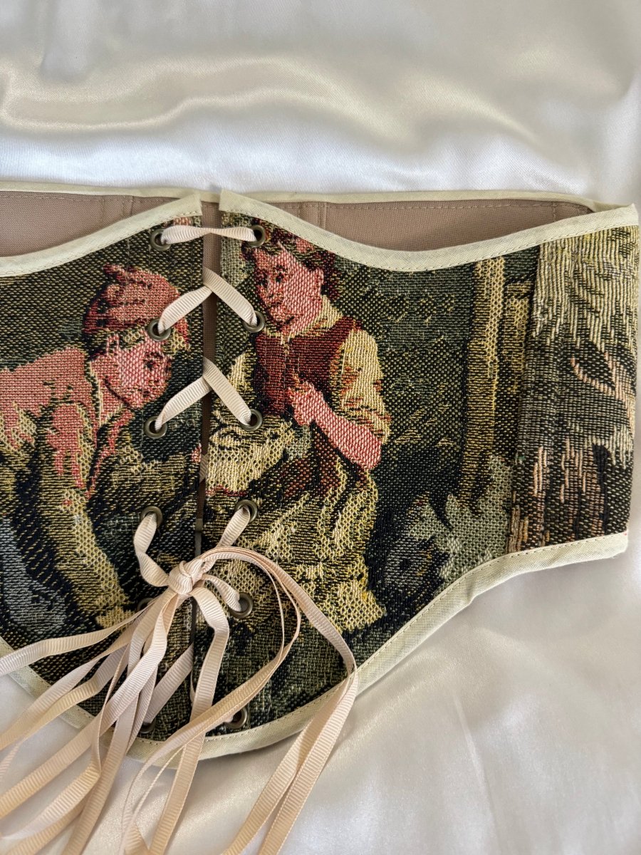 Vintage Tapestry Lace - up Corset Belt, “Girl and Boy on a Lawn” pattern - Stashe