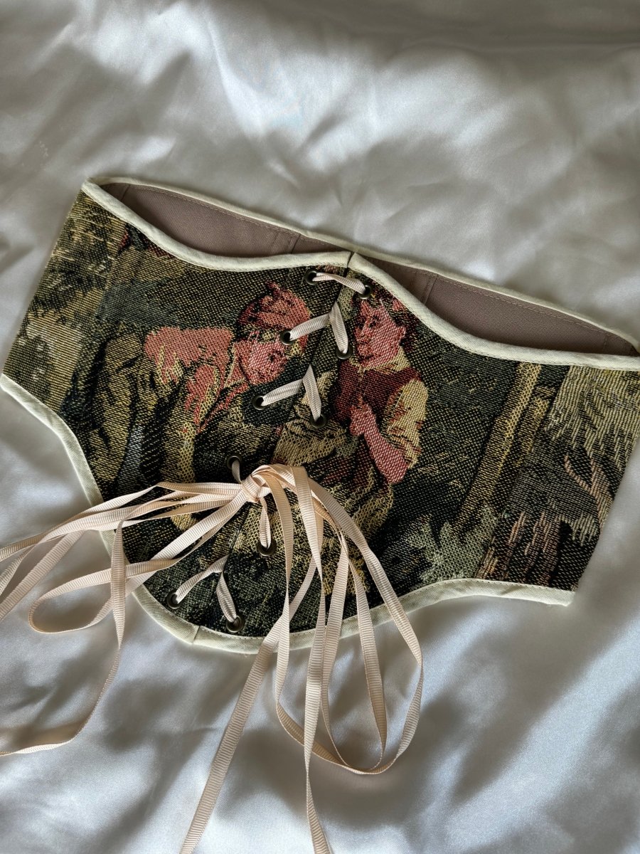 Vintage Tapestry Lace - up Corset Belt, “Girl and Boy on a Lawn” pattern - Stashe