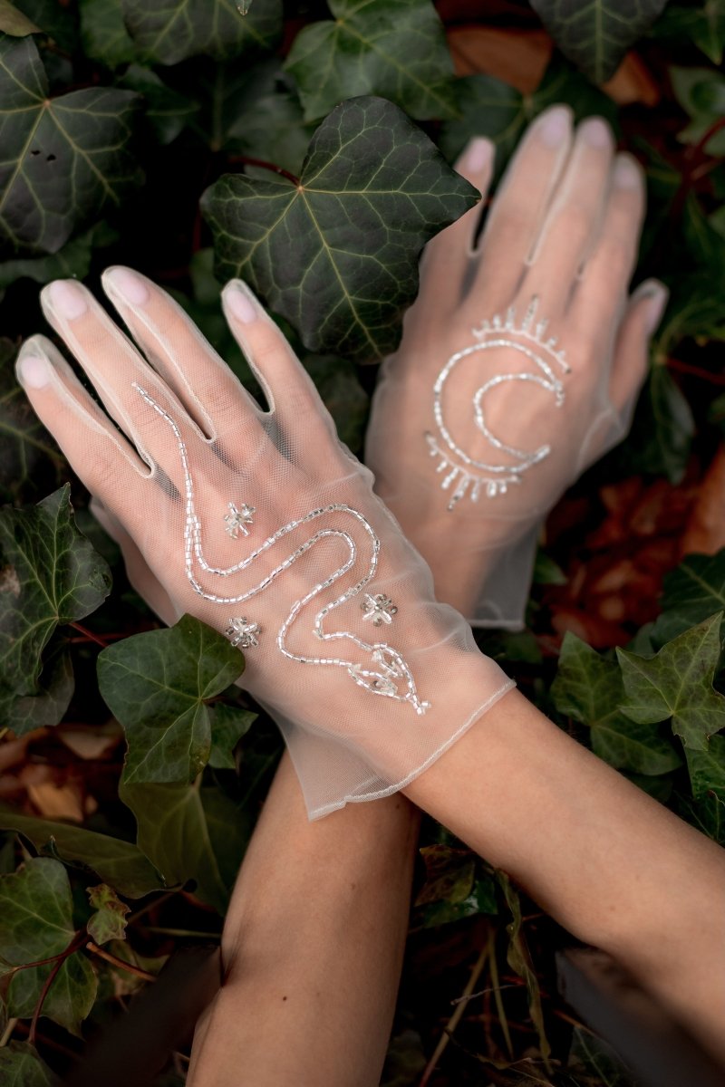 Bead Embroidered Tulle Gloves, "Moon" Print - Stashe