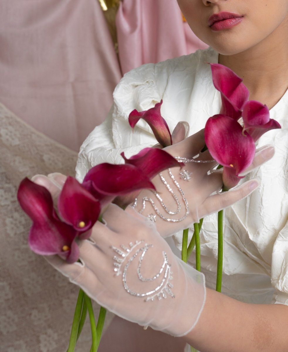 Bead Embroidered Tulle Gloves, "Moon" Print - Stashe