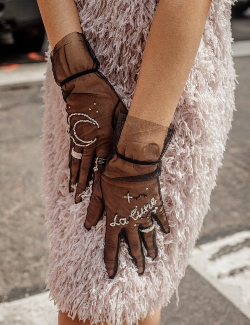 Bead Embroidered Tulle Gloves, "Night" Print - Stashe