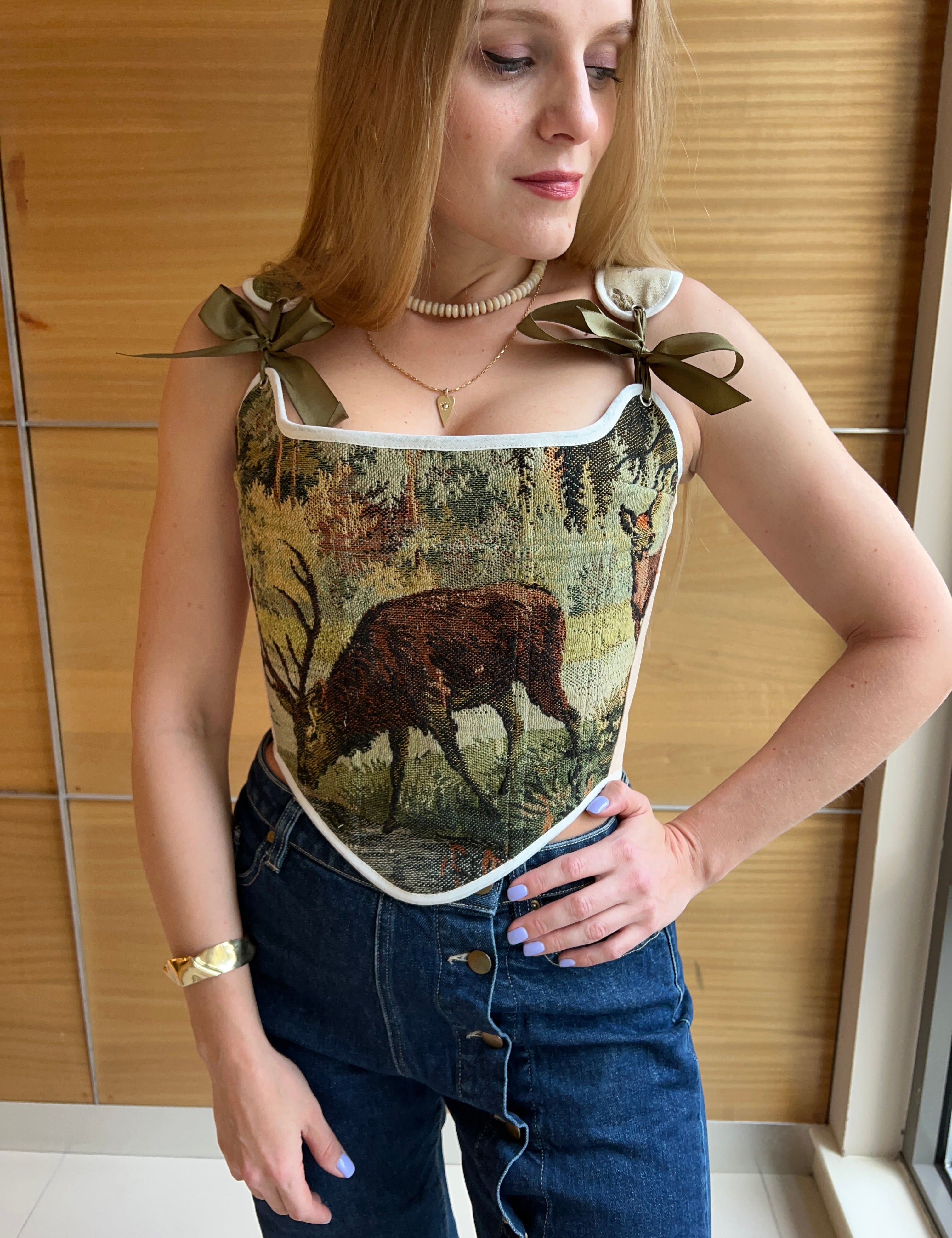 Lace-up Vintage Tapestry Corset Top, “Scenic Cottage House”