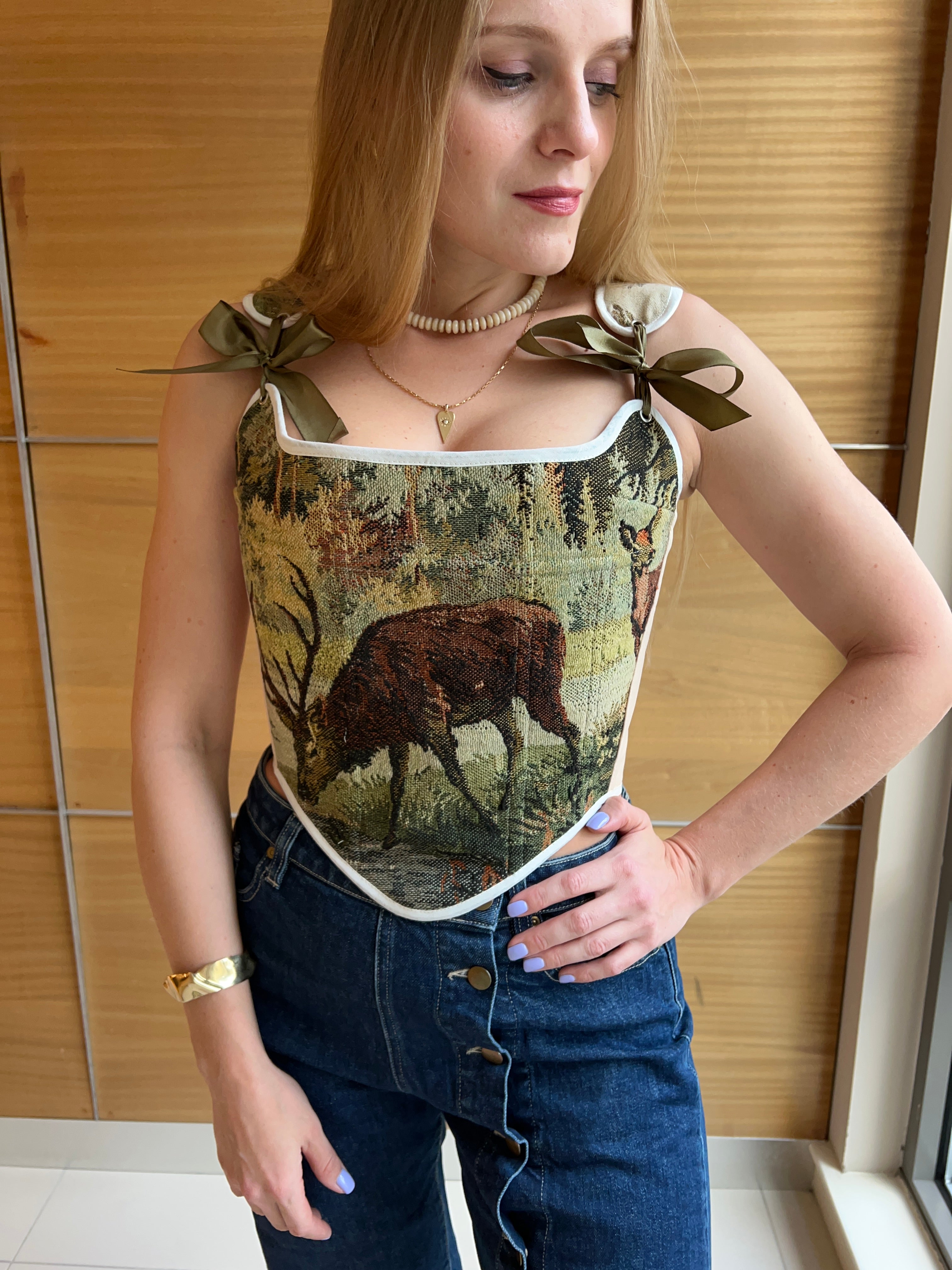 Lace-up Vintage Tapestry Corset Top, “Whitetail Deer at the Edge of a  Forest Pond” Pattern