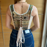 Lace-up Vintage Tapestry Corset Top, “Whitetail Deer at the Edge of a Forest Pond” Pattern