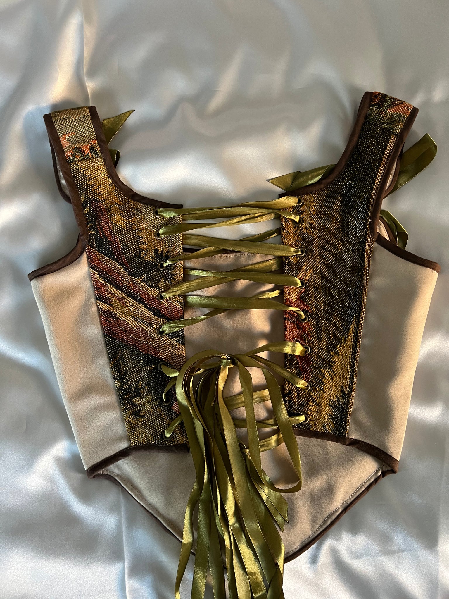 Lace-up Vintage Tapestry Corset Top, "Forest Hares” Print, Size S-M (US 4-8)