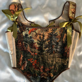 Lace-up Vintage Tapestry Corset Top, "Forest Hares” Print