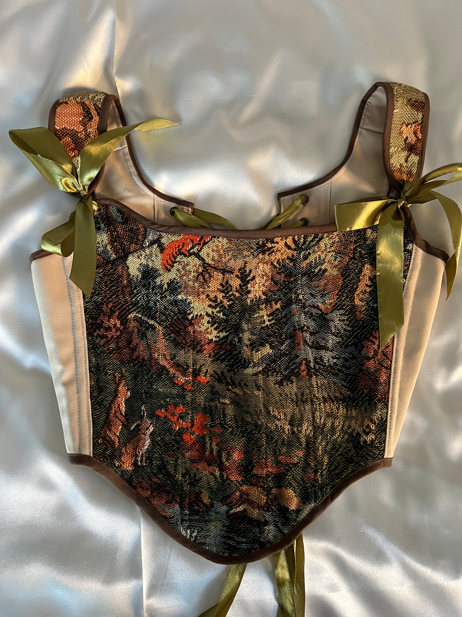 Lace-up Vintage Tapestry Corset Top, "Forest Hares” Print, Size S-M (US 4-8)