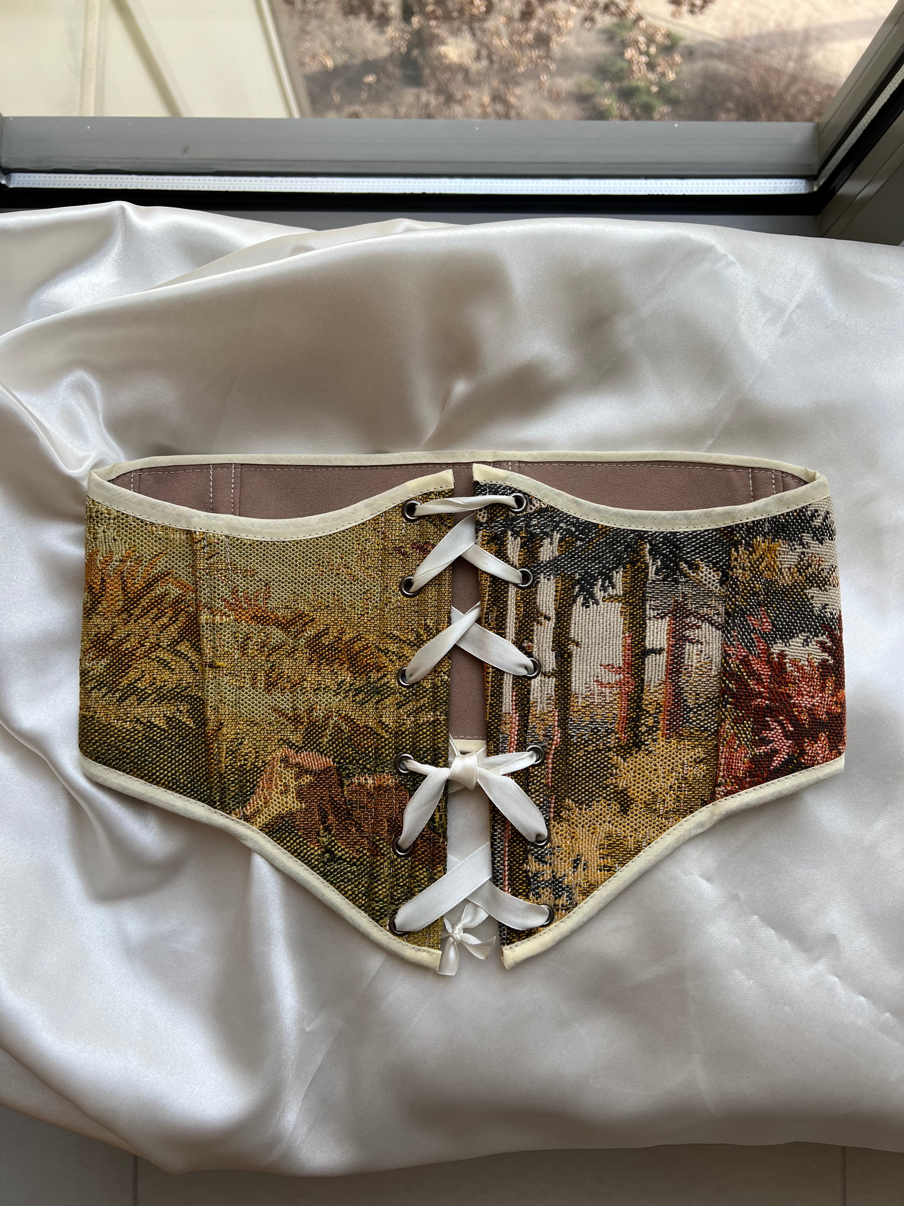 Vintage Tapestry Lace-up Corset Belt, Forest Sunlight pattern