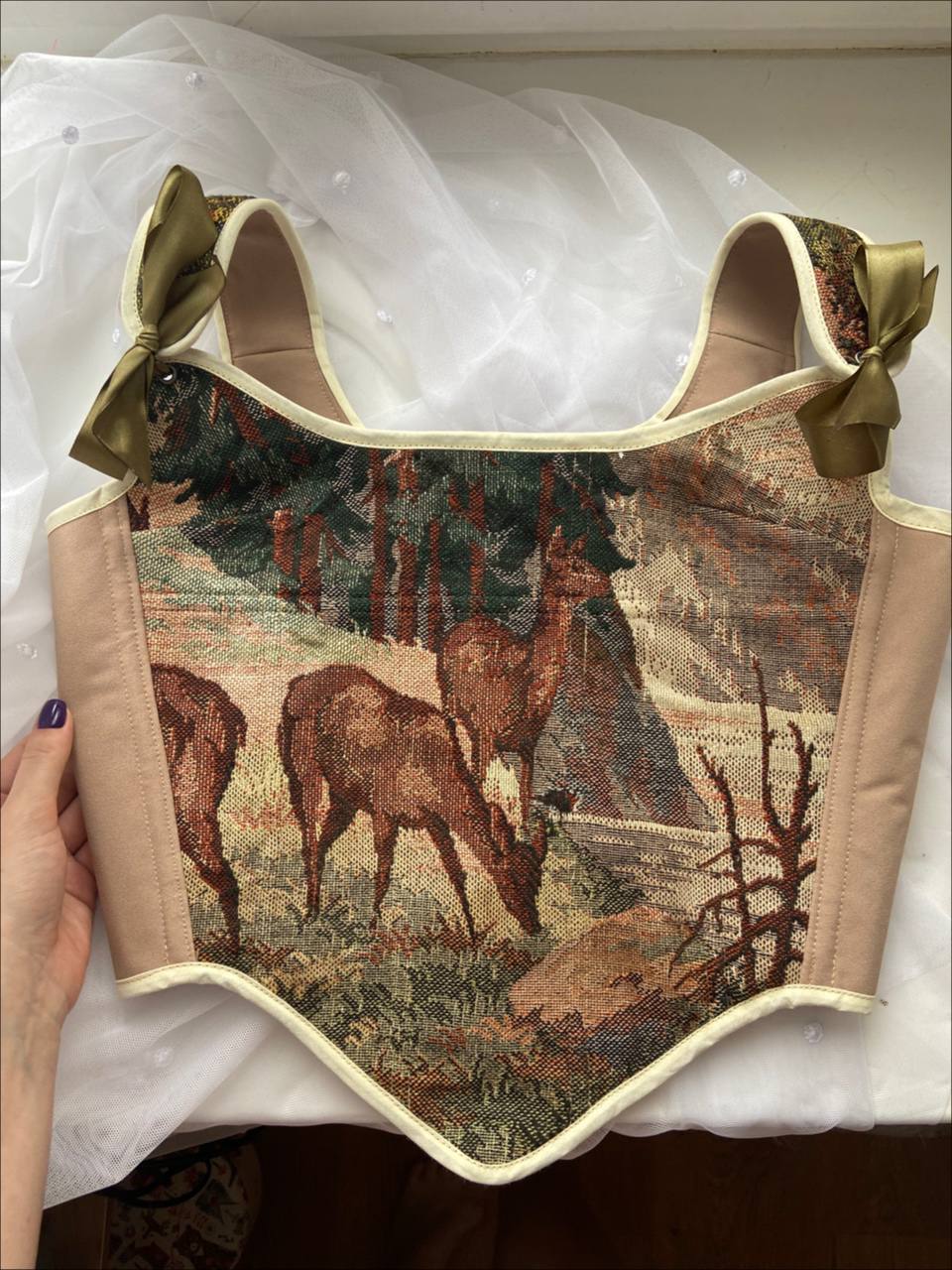 Lace-up Vintage Tapestry Corset Top, "Deers” Pattern, Size S-M (US 4-8)
