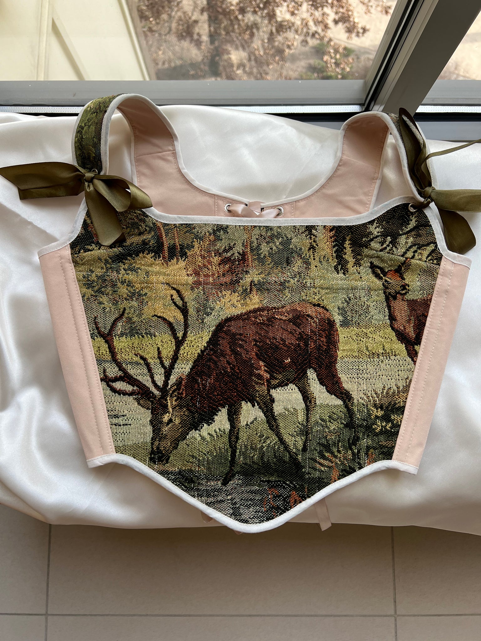 Lace-up Vintage Tapestry Corset Top, “Whitetail Deer at the Edge of a Forest Pond” Pattern, Size S-M (US 4-8)